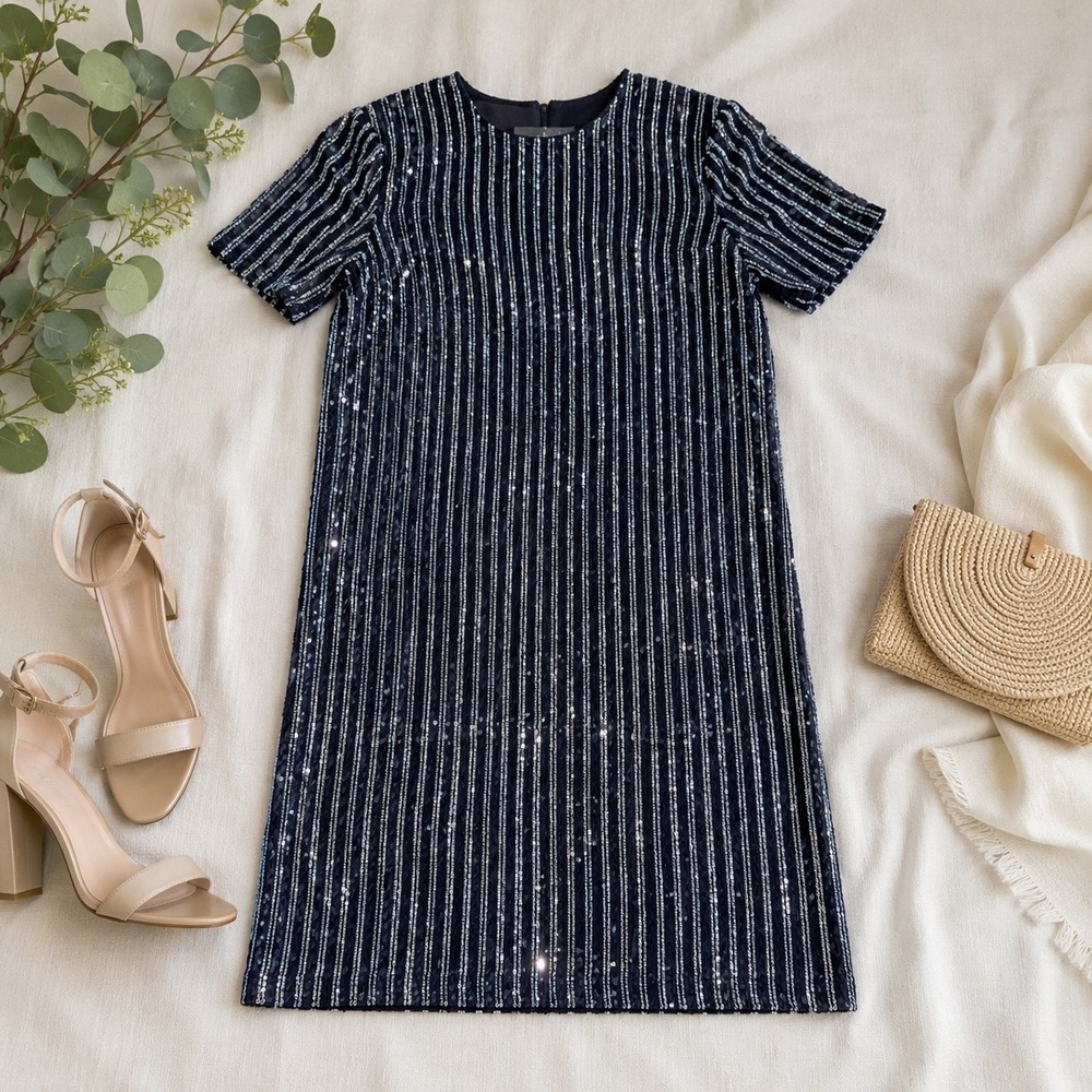 Flat White Sequin Shift Dress Womens S Navy Silver Striped Mini Party Cocktail